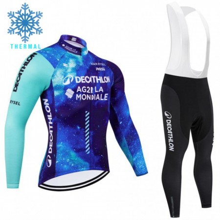 Fietskleding (Fietsshirt Lange Mouw + Lange Koersbroek) 2024 Decathlon Ag2r Winter Thermal Fleece - Blauw